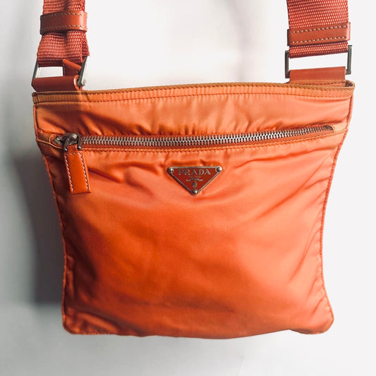 Prada Orange Tessuto Nylon Classic Monogram Logo Small Zipper Shoulder Sling Bag