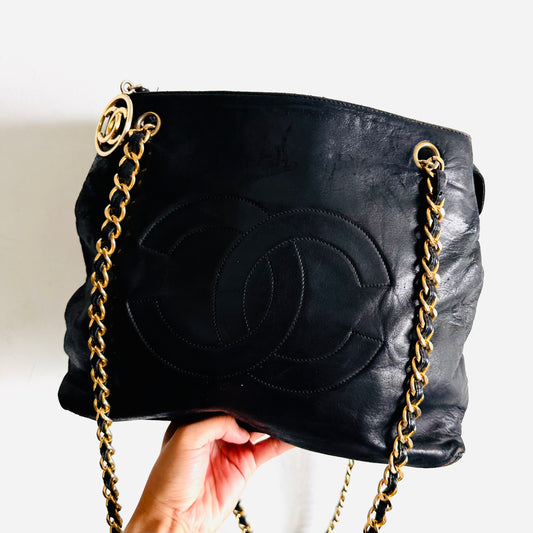 Chanel Black GHW Giant CC Monogram Logo Charm Lambskin Chain Shopper Shoulder Tote Bag 1s