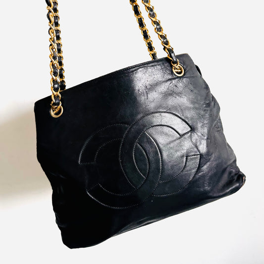 Chanel Black GHW Giant CC Monogram Logo Charm Lambskin Chain Shopper Shoulder Tote Bag 1s