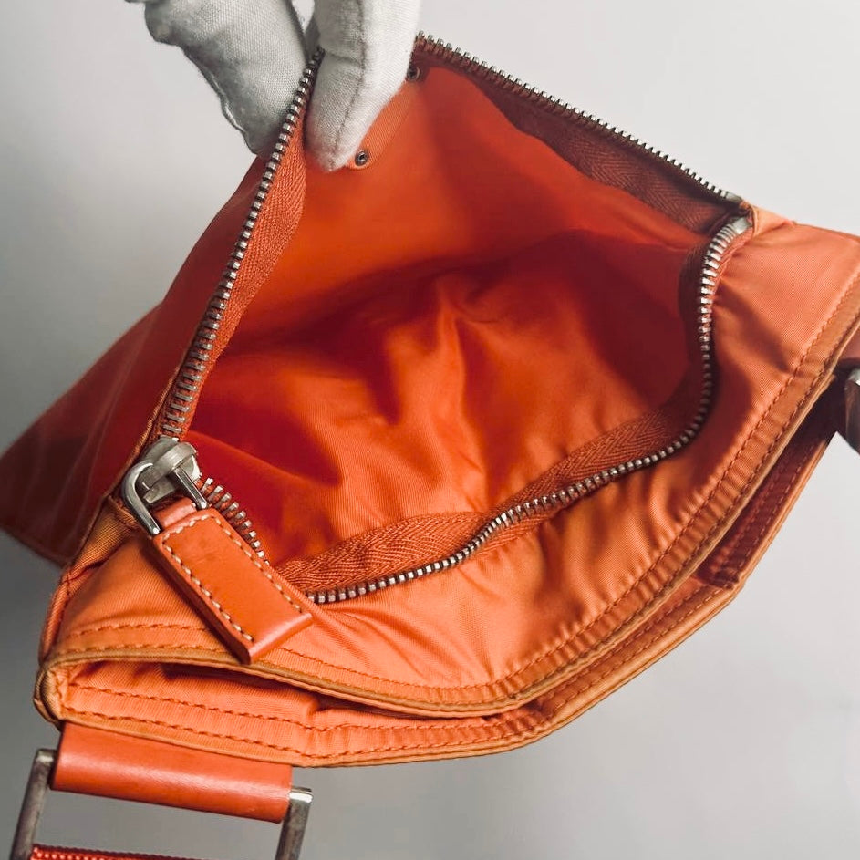 Prada Orange Tessuto Nylon Classic Monogram Logo Small Zipper Shoulder Sling Bag