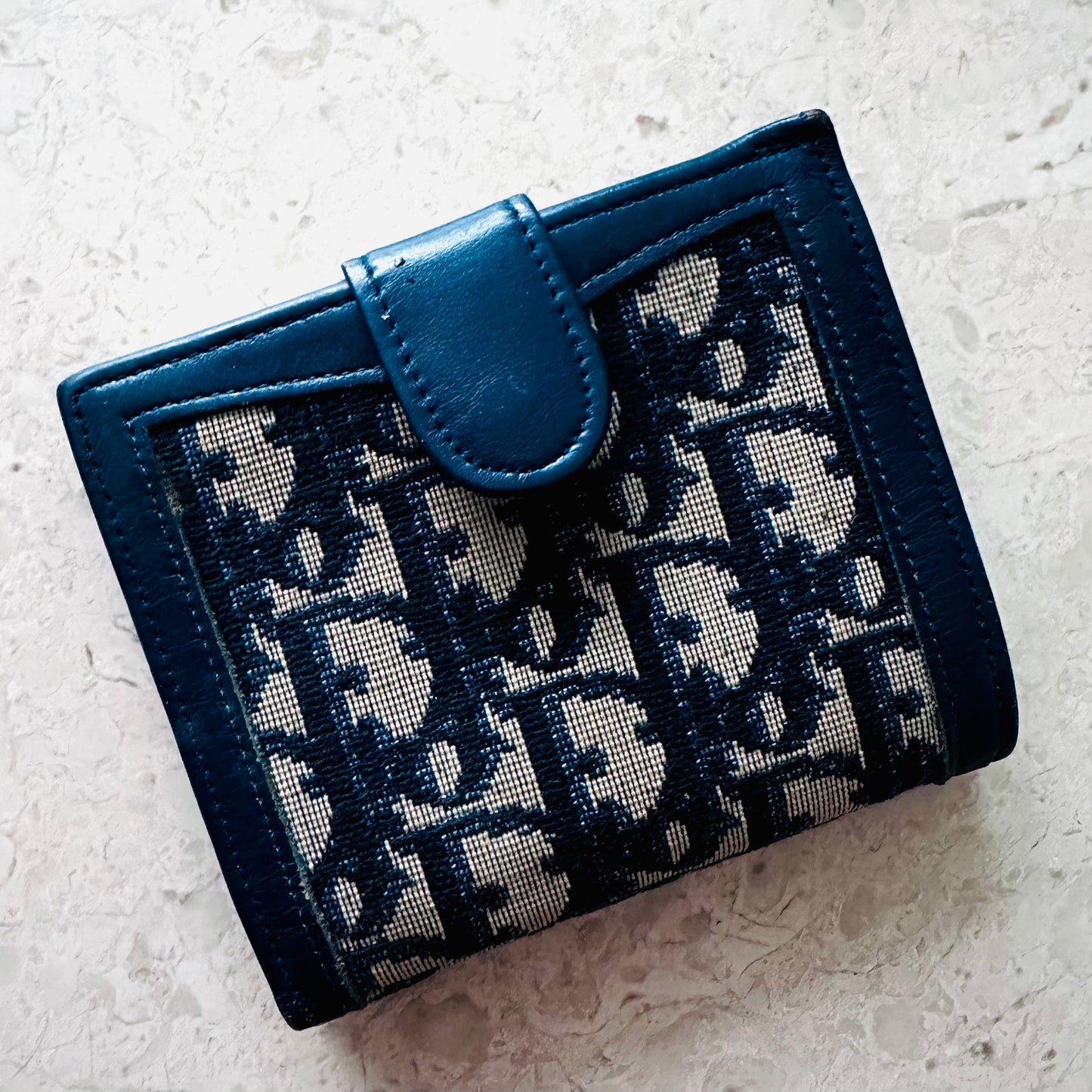 Christian Dior CD Navy Blue Oblique Monogram Logo / Leather Flap Compact Bifold Wallet