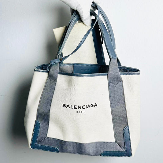 Balenciaga Cabas Blue / White Monogram Logo Small S Shopper Shoulder Tote Bag With Pouch