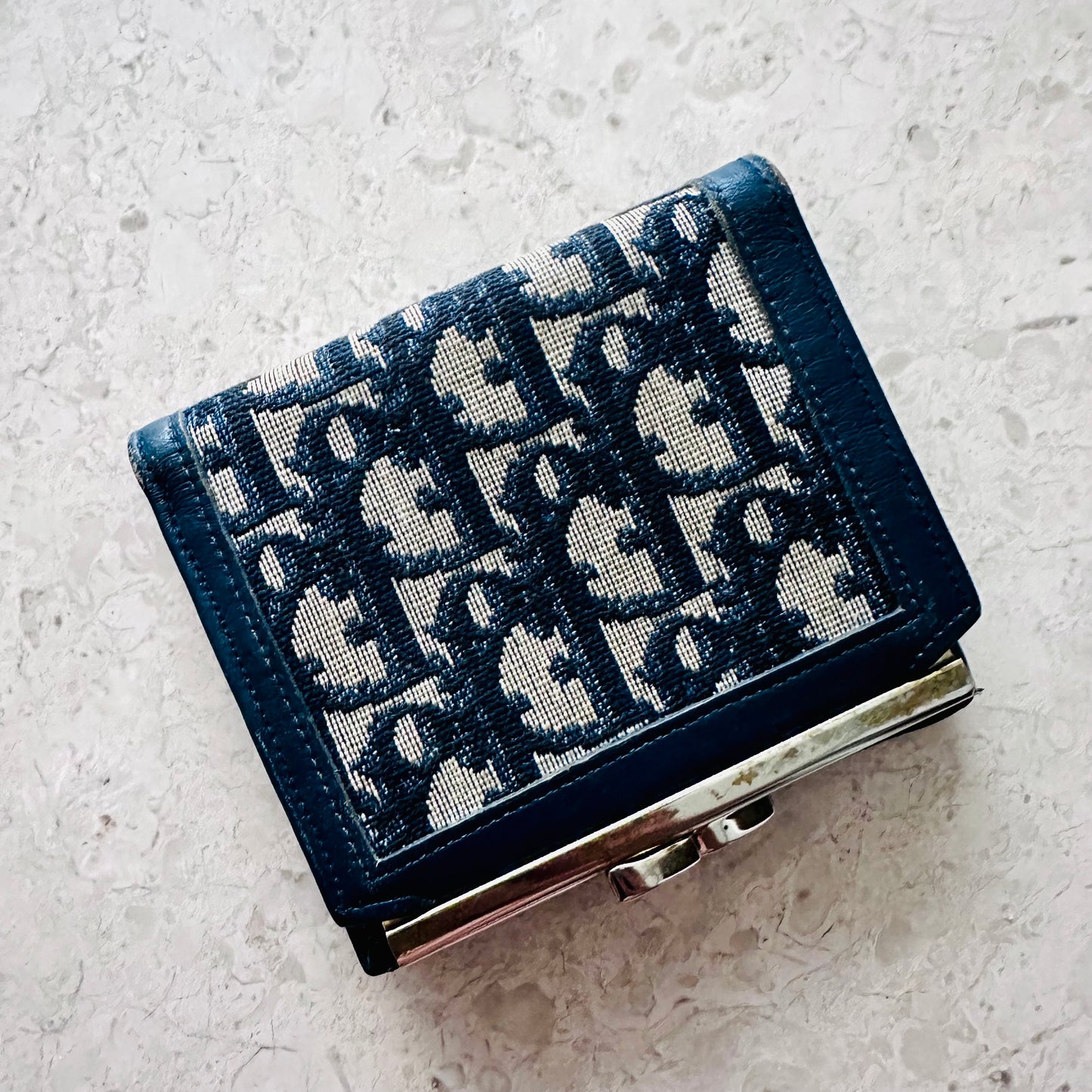 Christian Dior CD Navy Blue Oblique Monogram Logo / Leather Flap Compact Bifold Wallet
