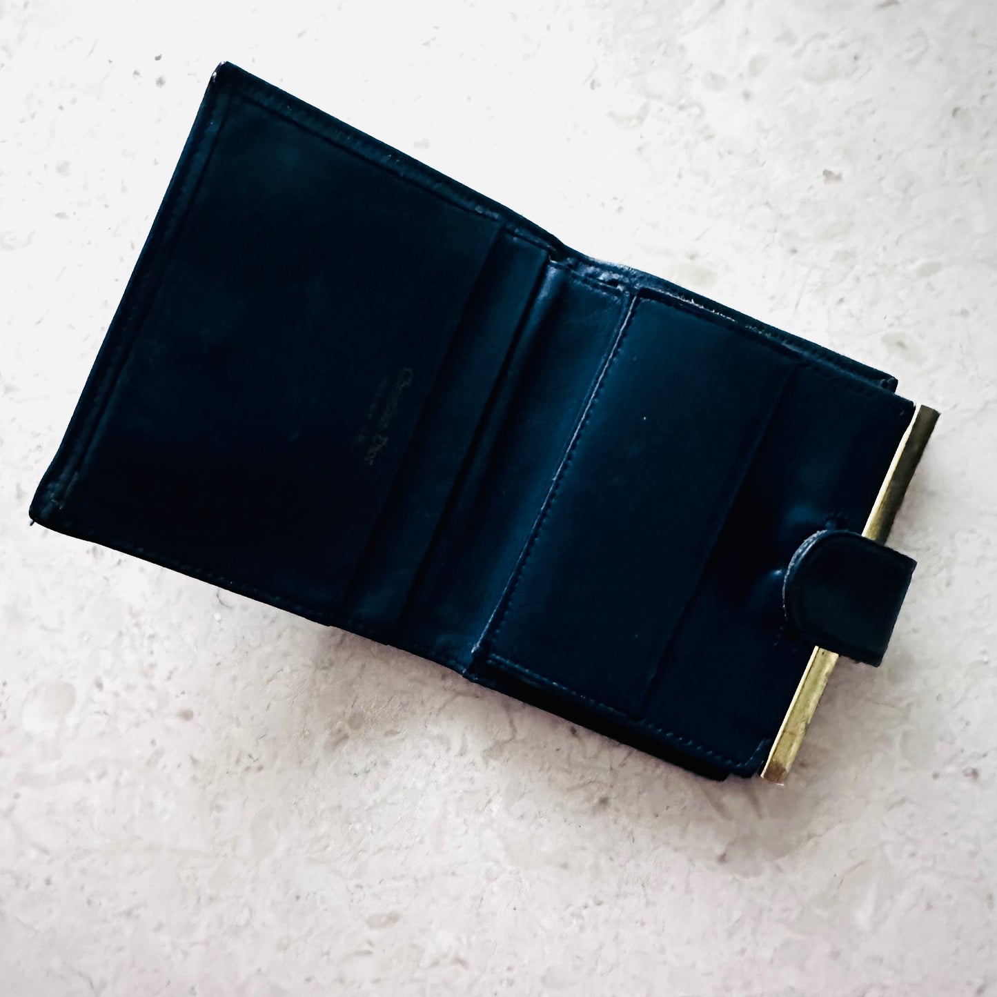 Christian Dior CD Navy Blue Oblique Monogram Logo / Leather Flap Compact Bifold Wallet