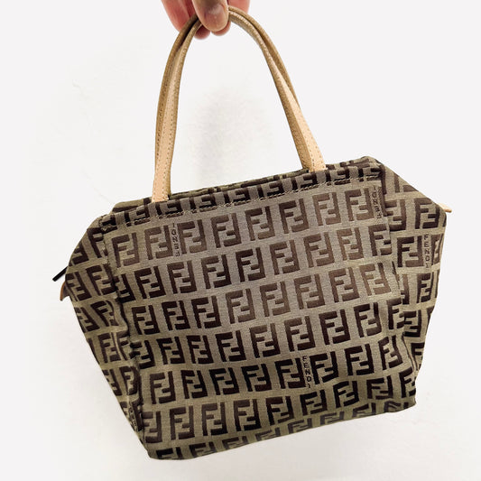 Fendi Dark Brown Zucca FF Monogram Logo Mini Bucket Dumpling Zip Tote Bag