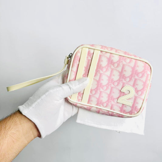Christian Dior CD Diorissimo Pink Oblique Monogram Logo Zip Wrislet Cosmetic Pouch Clutch Case