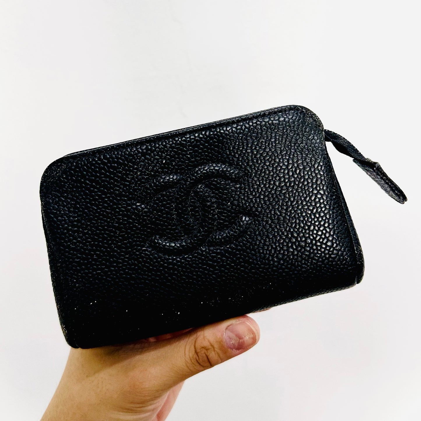 Chanel Black GHW Caviar Giant CC Monogram Logo Zip Pouch Clutch Case 5s