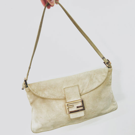 Fendi Cream Beige FF Monogram Logo Suede Hobo Baguette Mamma Pochette Shoulder Flap Bag