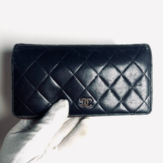 Chanel Black CC Logo Quilted Lambskin Flap Bifold Long Wallet 15s