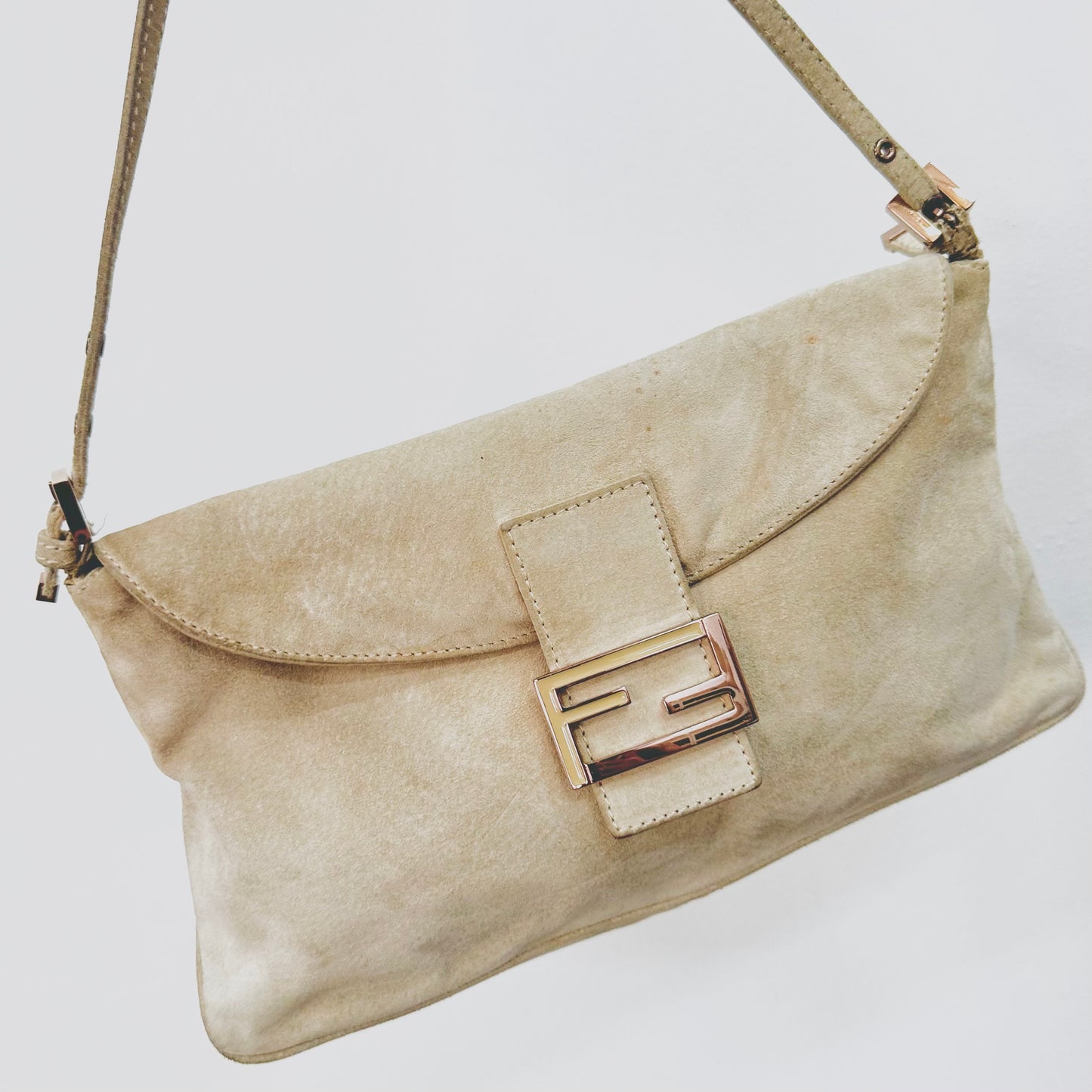 Fendi Cream Beige FF Monogram Logo Suede Hobo Baguette Mamma Pochette Shoulder Flap Bag