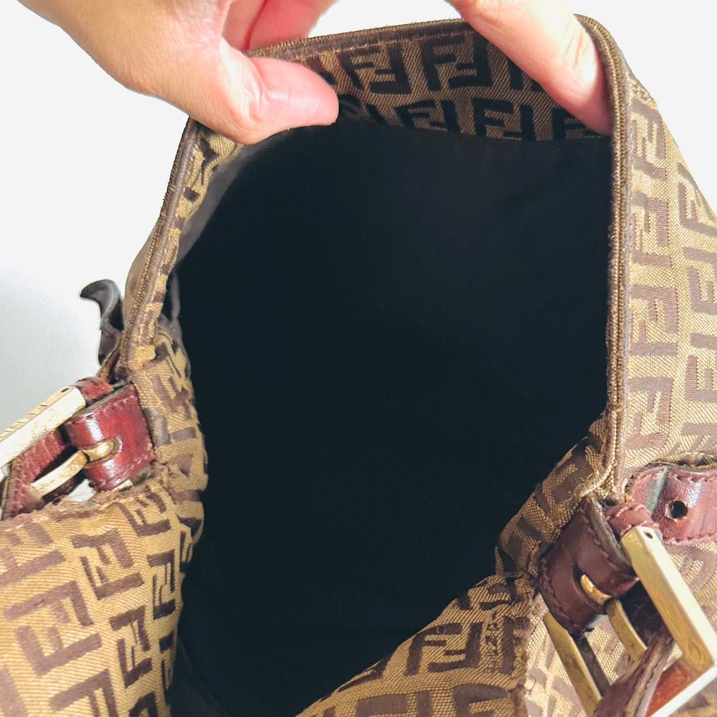Fendi Brown GHW Zucca FF Monogram Logo Mamma Hobo Baguette Flap Shoulder Bag
