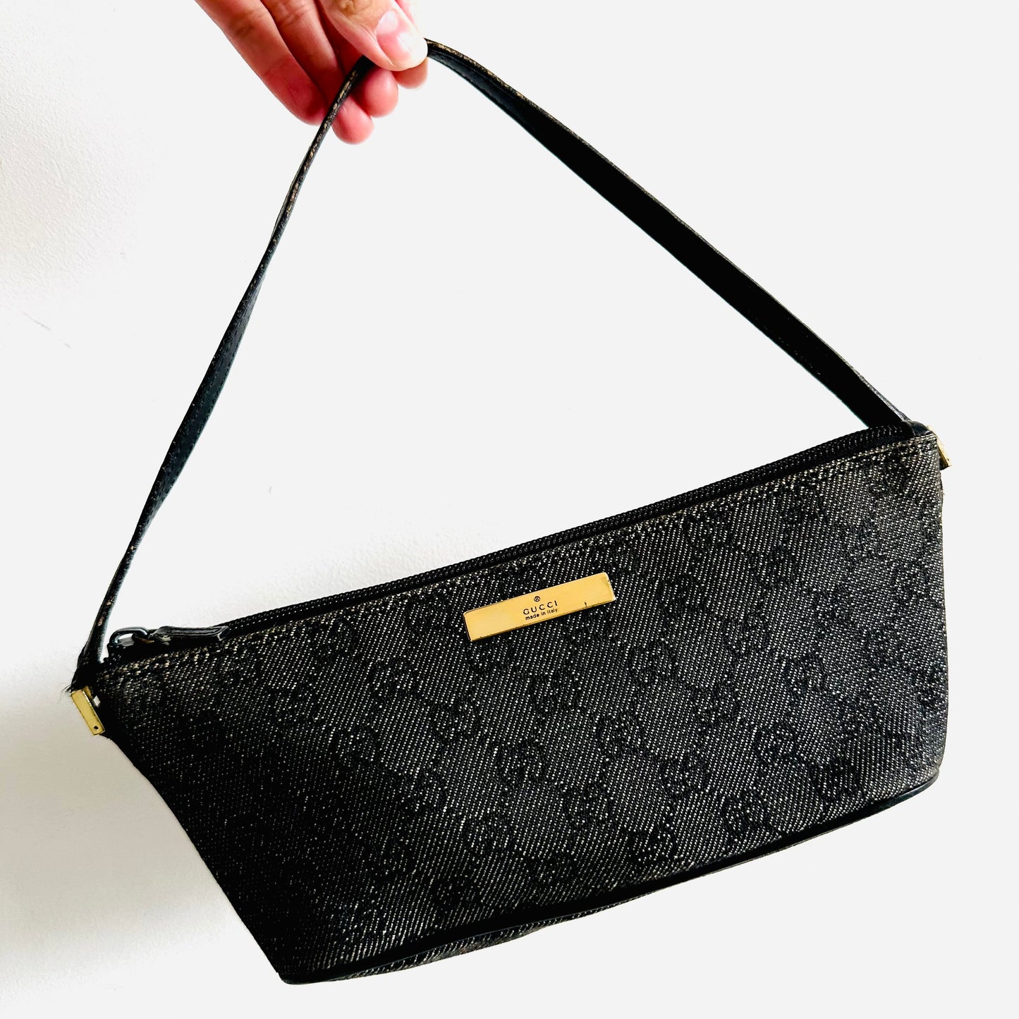 Gucci Black GHW GG Monogram Logo Mini Hobo Pochette Accessories Shoulder Bag