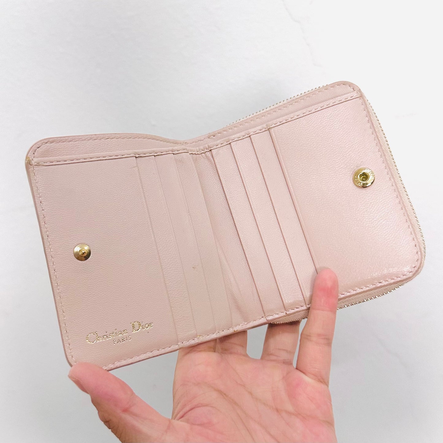 Christian Dior CD Diorama Pale Pink GHW Calfskin Monogram Logo Zip Around Zippy Compact Wallet