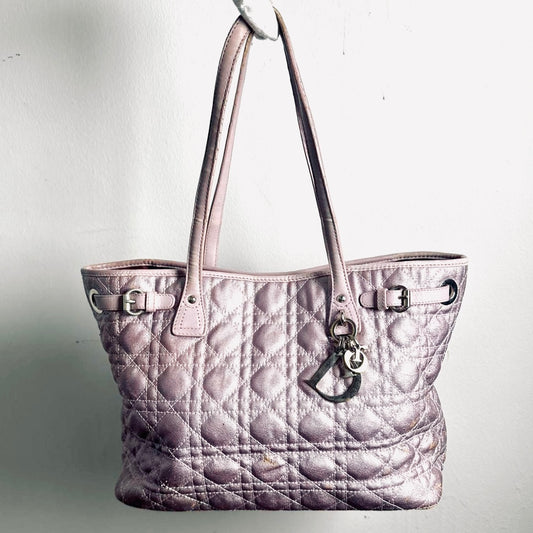 Christian Dior CD Lady Dior Panarea Lavender Purple Cannage Quilted Fabric Medium Shopper Shoulder Tote Bag