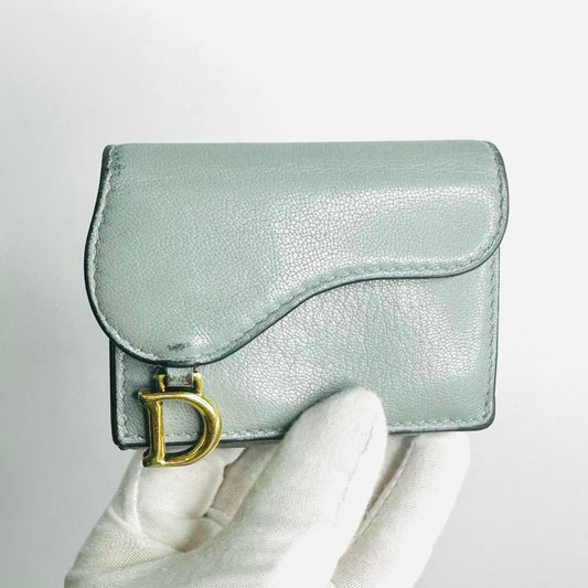 Christian Dior CD Cloud Grey Blue GHW Saddle Lotus Oblique Monogram Logo Flap Compact Trifold Wallet