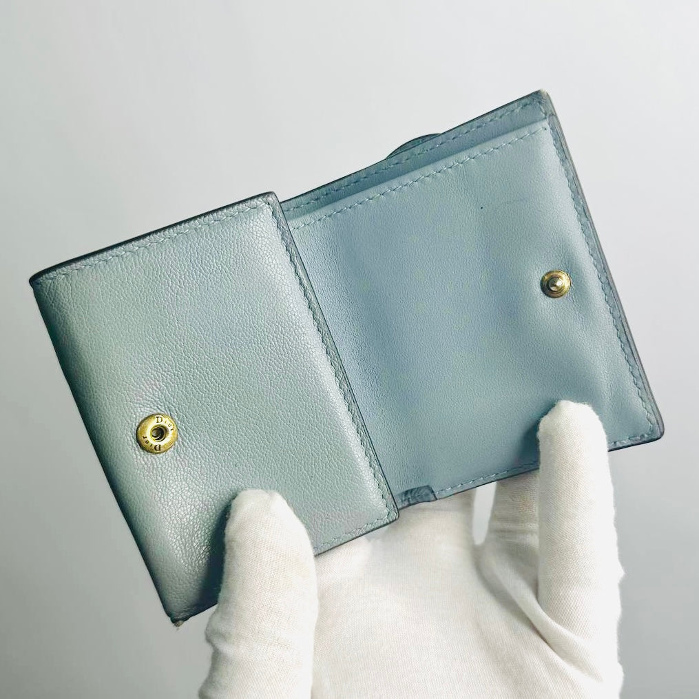 Christian Dior CD Cloud Grey Blue GHW Saddle Lotus Oblique Monogram Logo Flap Compact Trifold Wallet