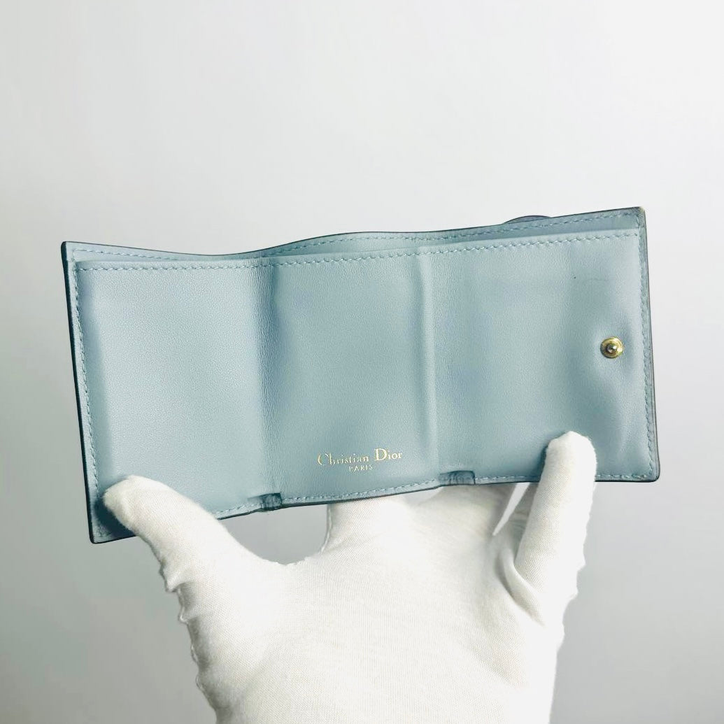 Christian Dior CD Cloud Grey Blue GHW Saddle Lotus Oblique Monogram Logo Flap Compact Trifold Wallet