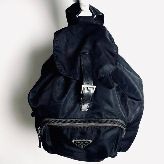 Prada Black Monogram Logo Tessuto Classic Nylon & Leather Drawstring Backpack Bag