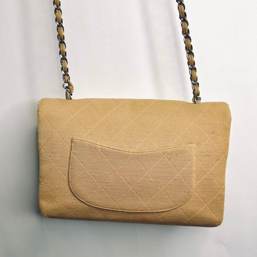 Chanel Beige Clair Classic Quilted Jersey Fabric Medium Single Flap Turnlock CC Monogram Logo Chain Vintage Shoulder Sling Bag 5s