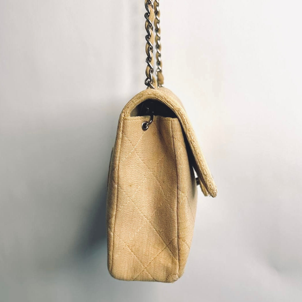 Chanel Beige Clair Classic Quilted Jersey Fabric Medium Single Flap Turnlock CC Monogram Logo Chain Vintage Shoulder Sling Bag 5s