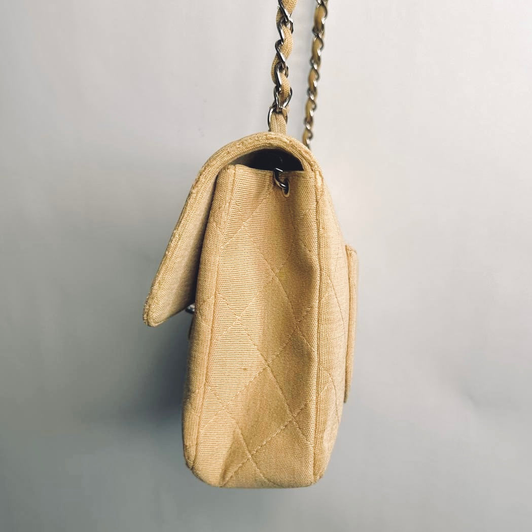 Chanel Beige Clair Classic Quilted Jersey Fabric Medium Single Flap Turnlock CC Monogram Logo Chain Vintage Shoulder Sling Bag 5s