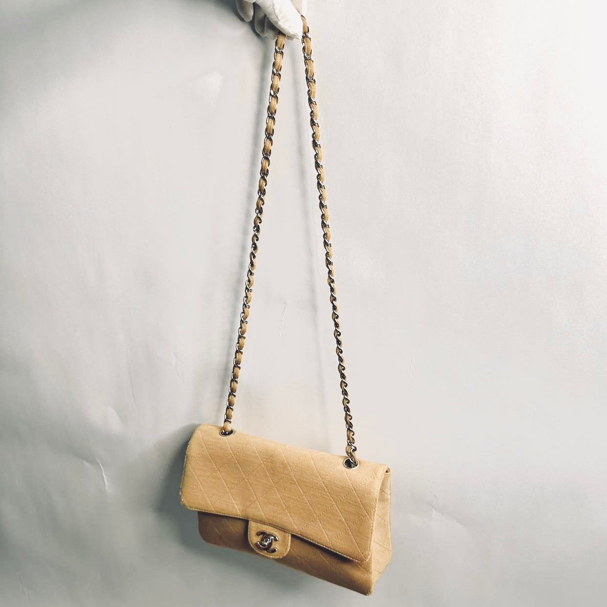 Chanel Beige Clair Classic Quilted Jersey Fabric Medium Single Flap Turnlock CC Monogram Logo Chain Vintage Shoulder Sling Bag 5s