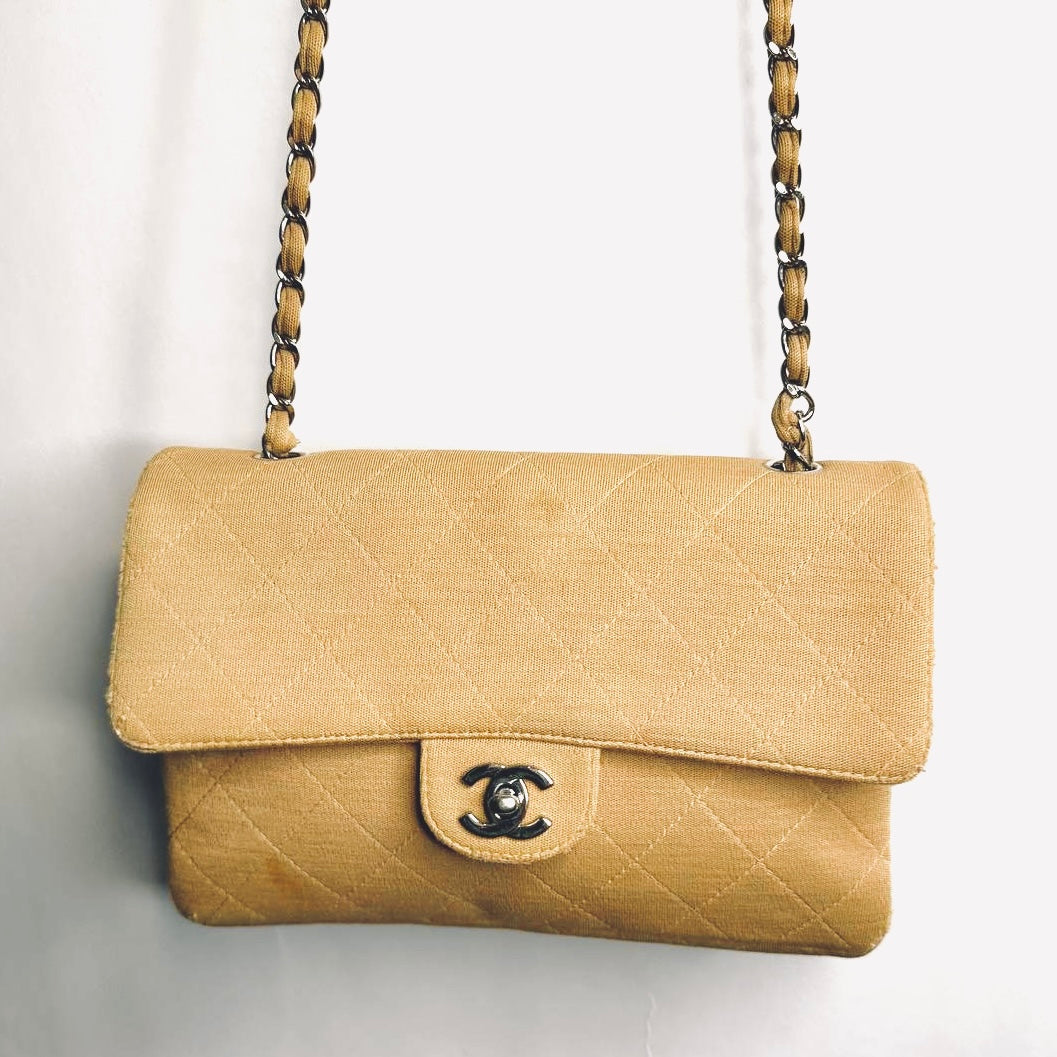 Chanel Beige Clair Classic Quilted Jersey Fabric Medium Single Flap Turnlock CC Monogram Logo Chain Vintage Shoulder Sling Bag 5s