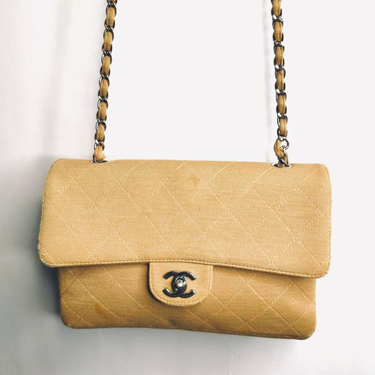 Chanel Beige Clair Classic Quilted Jersey Fabric Medium Single Flap Turnlock CC Monogram Logo Chain Vintage Shoulder Sling Bag 5s