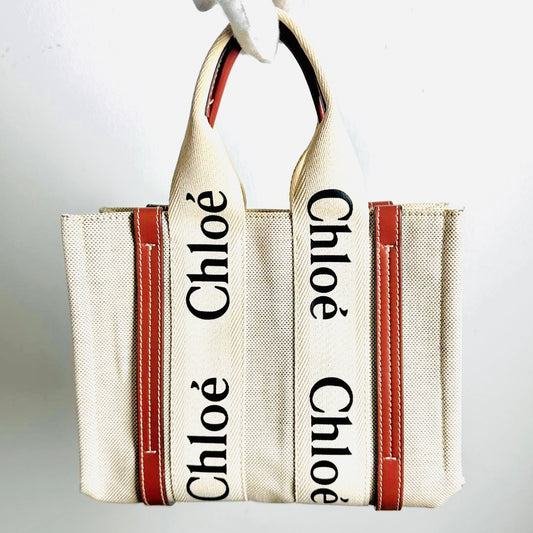 Chloe Woody Beige / Brown Monogram Logo 2-Way Small Shopper Shoulder Sling Tote Bag