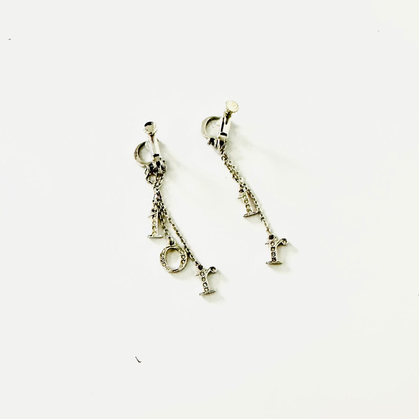 Christian Dior CD Silver Crystals Monogram Logo Dangling Clip On Earrings