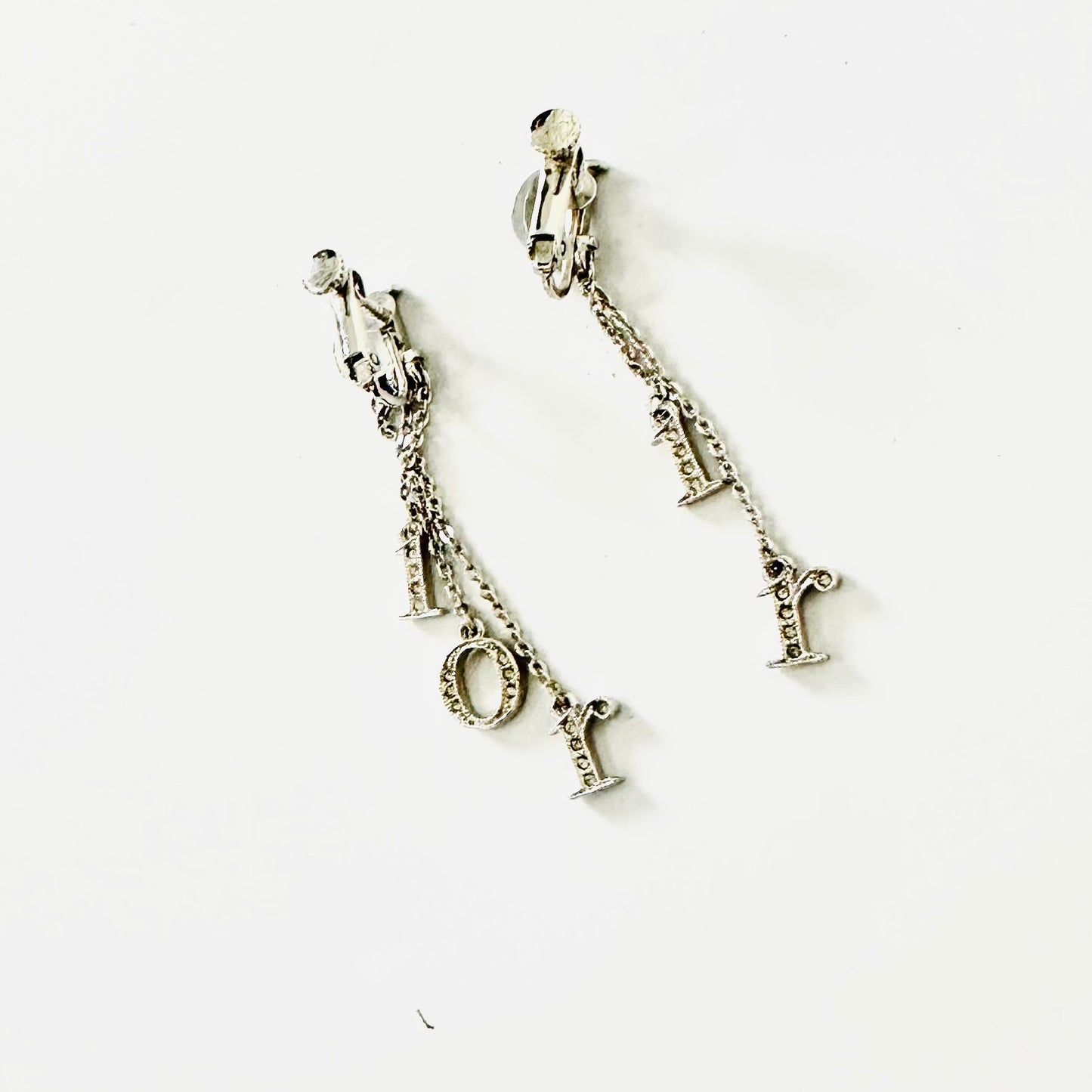 Christian Dior CD Silver Crystals Monogram Logo Dangling Clip On Earrings