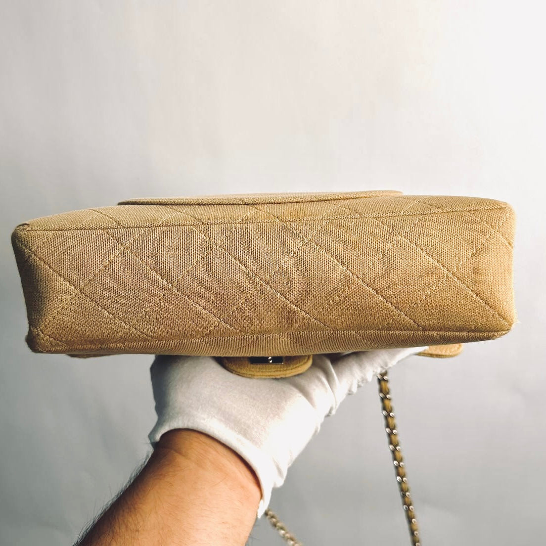 Chanel Beige Clair Classic Quilted Jersey Fabric Medium Single Flap Turnlock CC Monogram Logo Chain Vintage Shoulder Sling Bag 5s