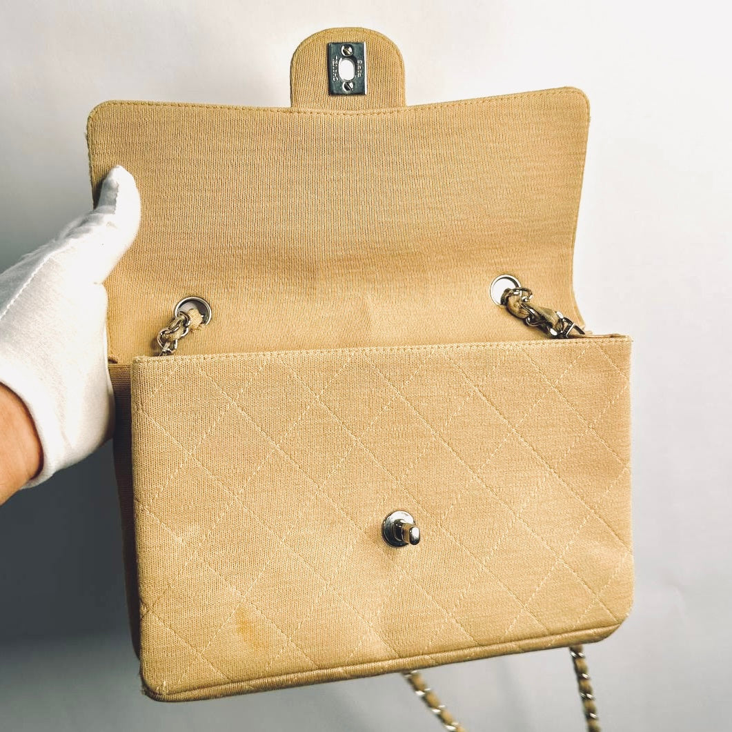Chanel Beige Clair Classic Quilted Jersey Fabric Medium Single Flap Turnlock CC Monogram Logo Chain Vintage Shoulder Sling Bag 5s