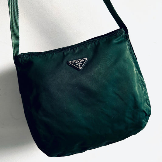 Prada Tessuto Dark Green Classic Logo Nylon Hobo Baguette Shoulder Sling Bag