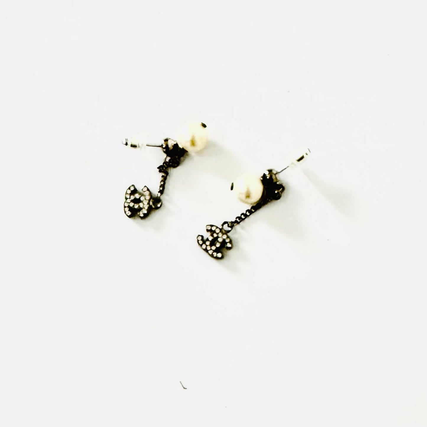 Chanel Classic CC Monogram Logo Pearl & Crystals Silver Dangling Vintage Stud Earrings