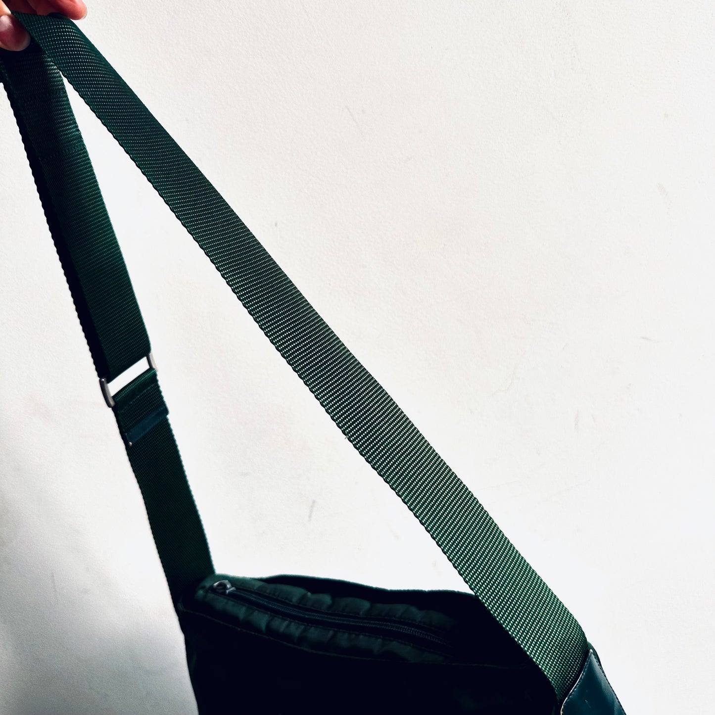 Prada Tessuto Dark Green Classic Logo Nylon Hobo Baguette Shoulder Sling Bag
