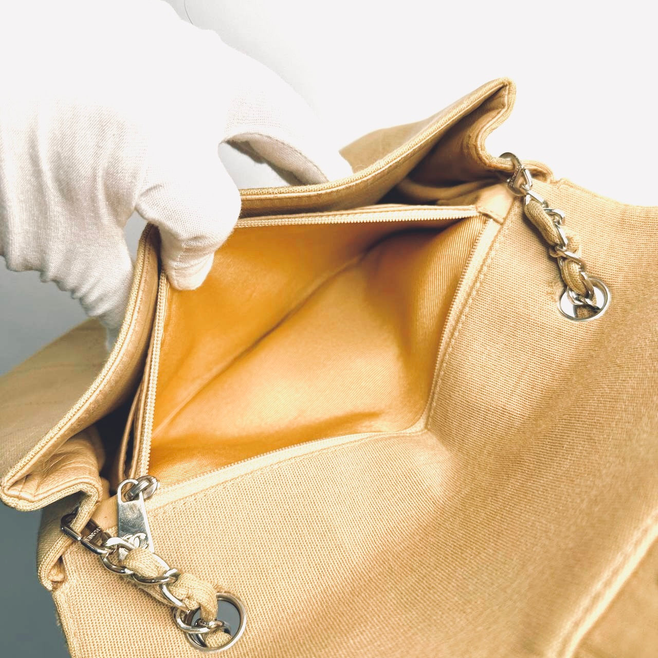 Chanel Beige Clair Classic Quilted Jersey Fabric Medium Single Flap Turnlock CC Monogram Logo Chain Vintage Shoulder Sling Bag 5s