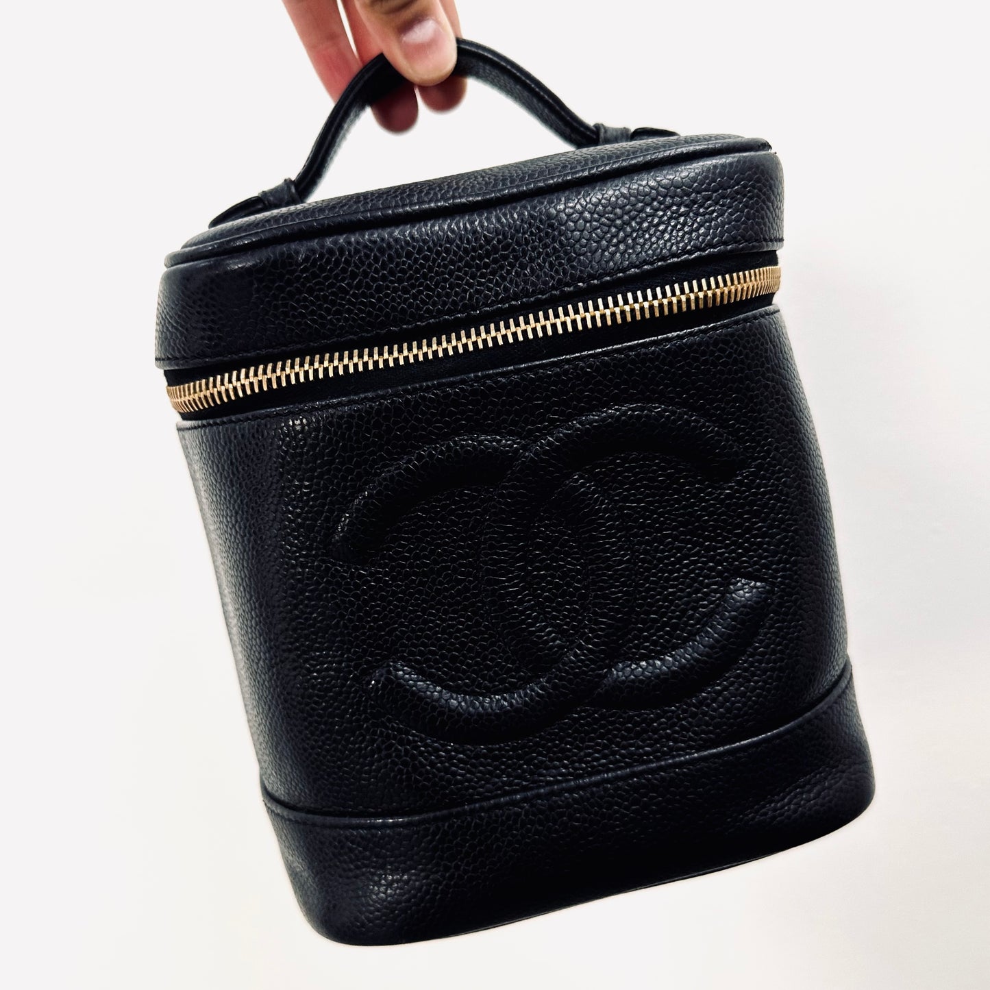 Chanel Black GHW Giant CC Monogram Logo Caviar Leather Vertical Tall Vanity Case Vintage Top Handle Bag 6s