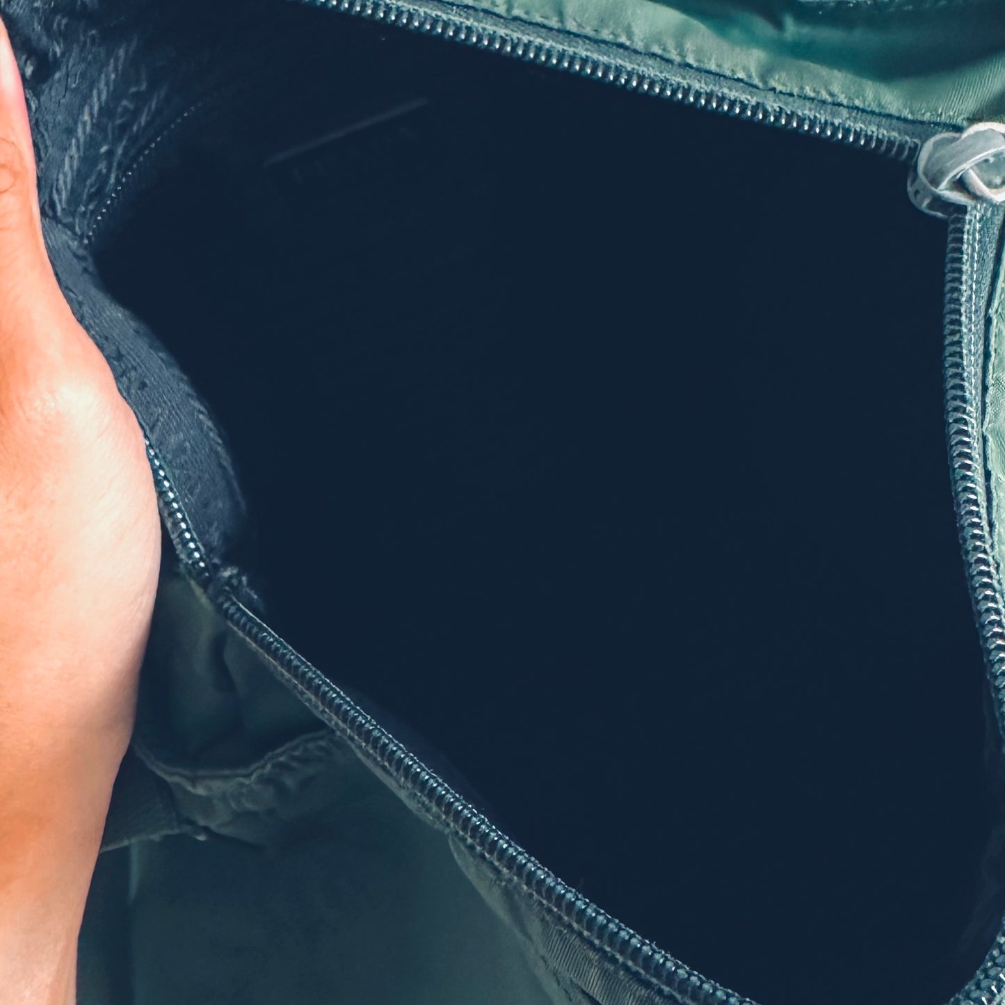 Prada Tessuto Dark Green Classic Logo Nylon Hobo Baguette Shoulder Sling Bag