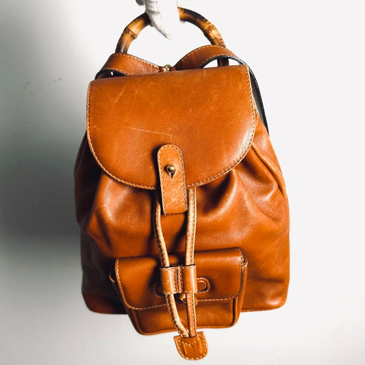 Gucci Caramel Brown GHW Bamboo Handle Small Leather Monogram Logo Flap Backpack Bag