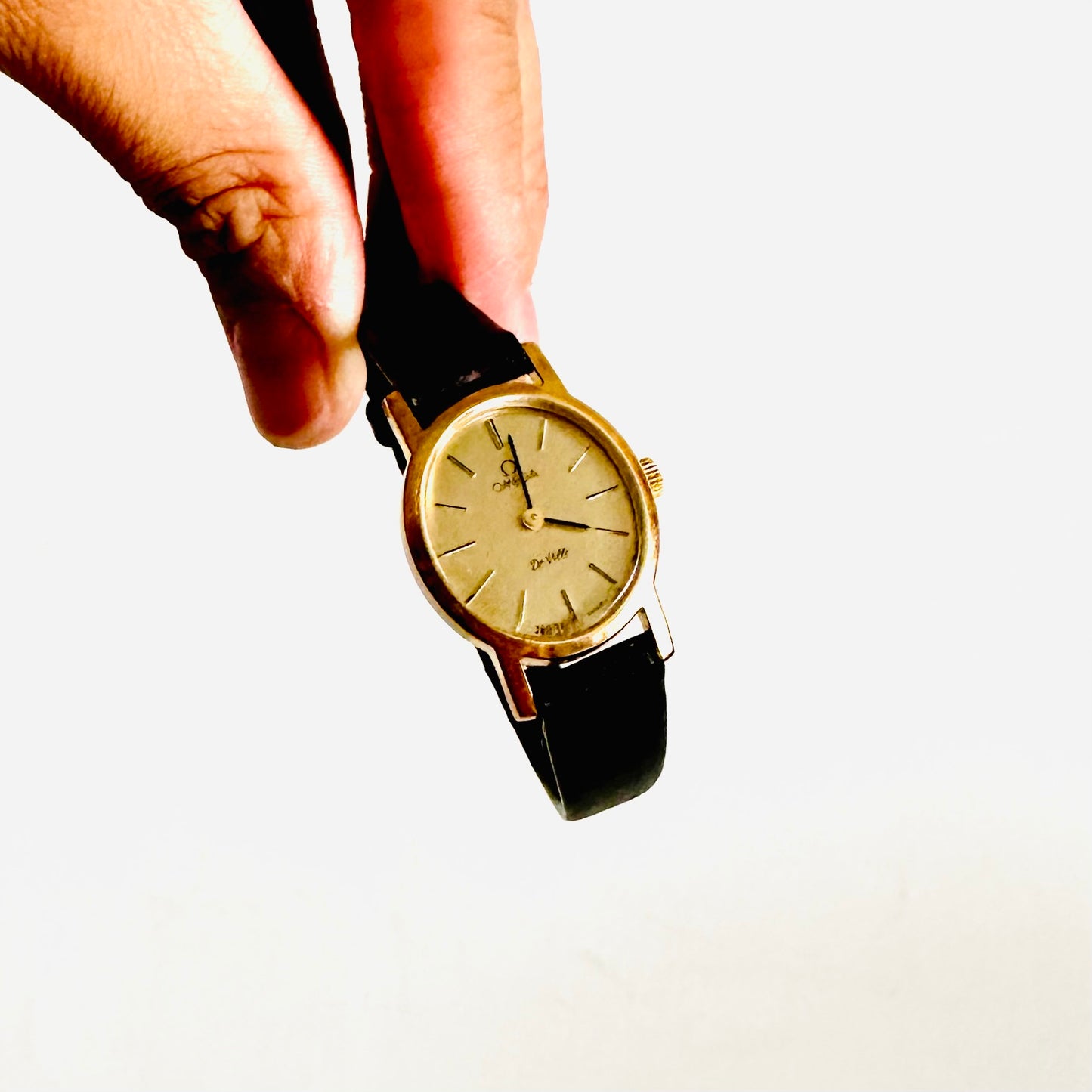 Omega De Ville Gold Dial Black Leather Strap 21MM Vintage Watch
