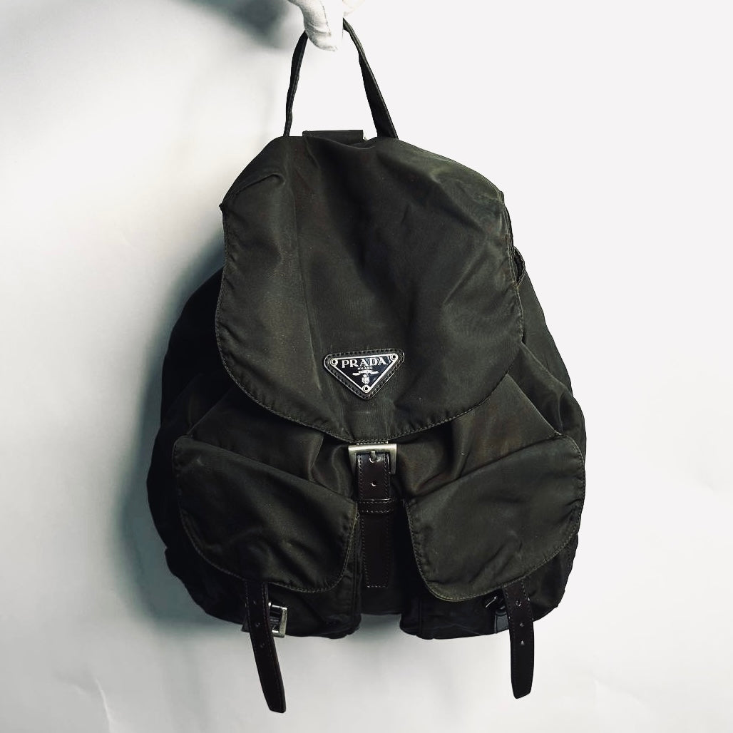Prada Dark Khaki Classic Tessuto Monogram Logo Nylon & Leather Backpack Flap Drawstring Bag