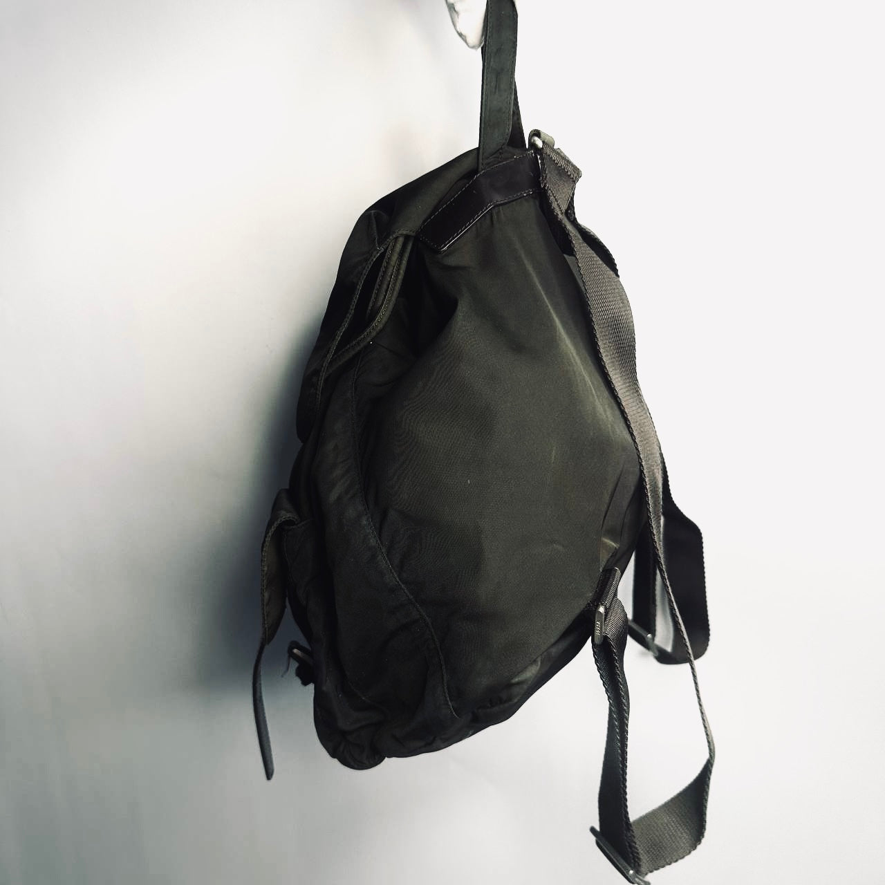 Prada Dark Khaki Classic Tessuto Monogram Logo Nylon & Leather Backpack Flap Drawstring Bag