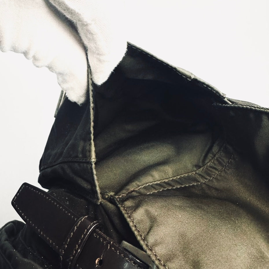 Prada Dark Khaki Classic Tessuto Monogram Logo Nylon & Leather Backpack Flap Drawstring Bag