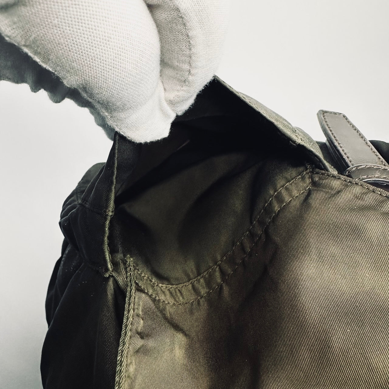 Prada Dark Khaki Classic Tessuto Monogram Logo Nylon & Leather Backpack Flap Drawstring Bag