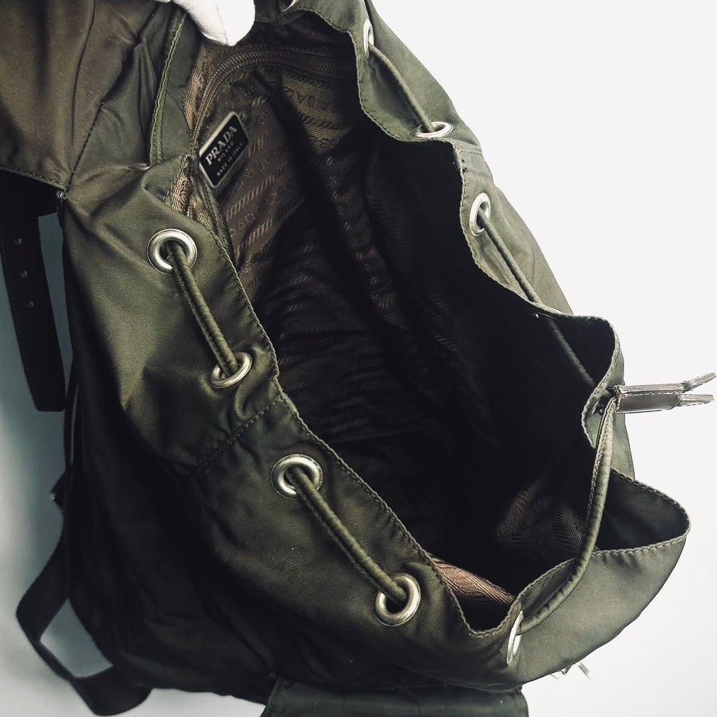 Prada Dark Khaki Classic Tessuto Monogram Logo Nylon & Leather Backpack Flap Drawstring Bag