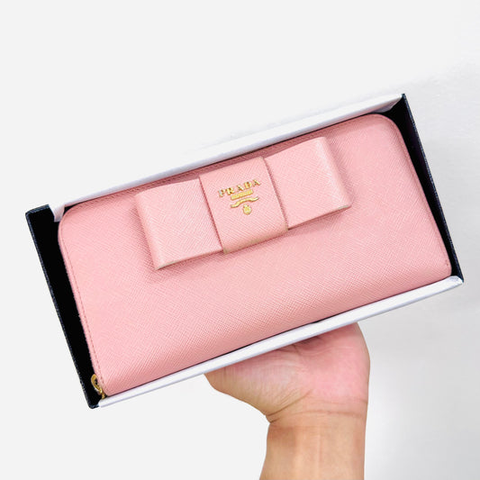 Prada Blush Pink GHW Bow Saffiano Leather Monogram Logo Classic Continental Zippy Zip Around Long Wallet