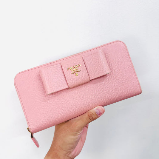 Prada Blush Pink GHW Bow Saffiano Leather Monogram Logo Classic Continental Zippy Zip Around Long Wallet