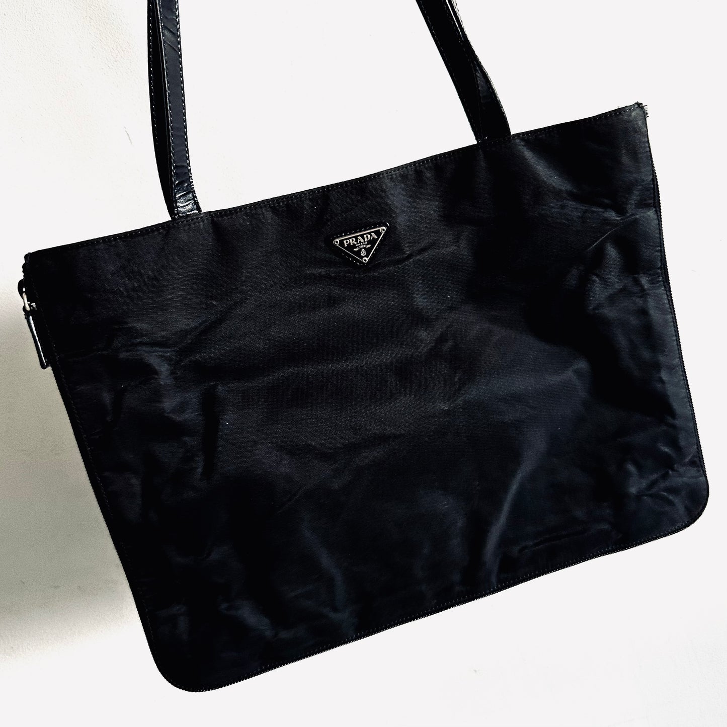 Prada Black Tessuto Classic Logo Nylon Zip Around Shoulder Shopper Tote Bag