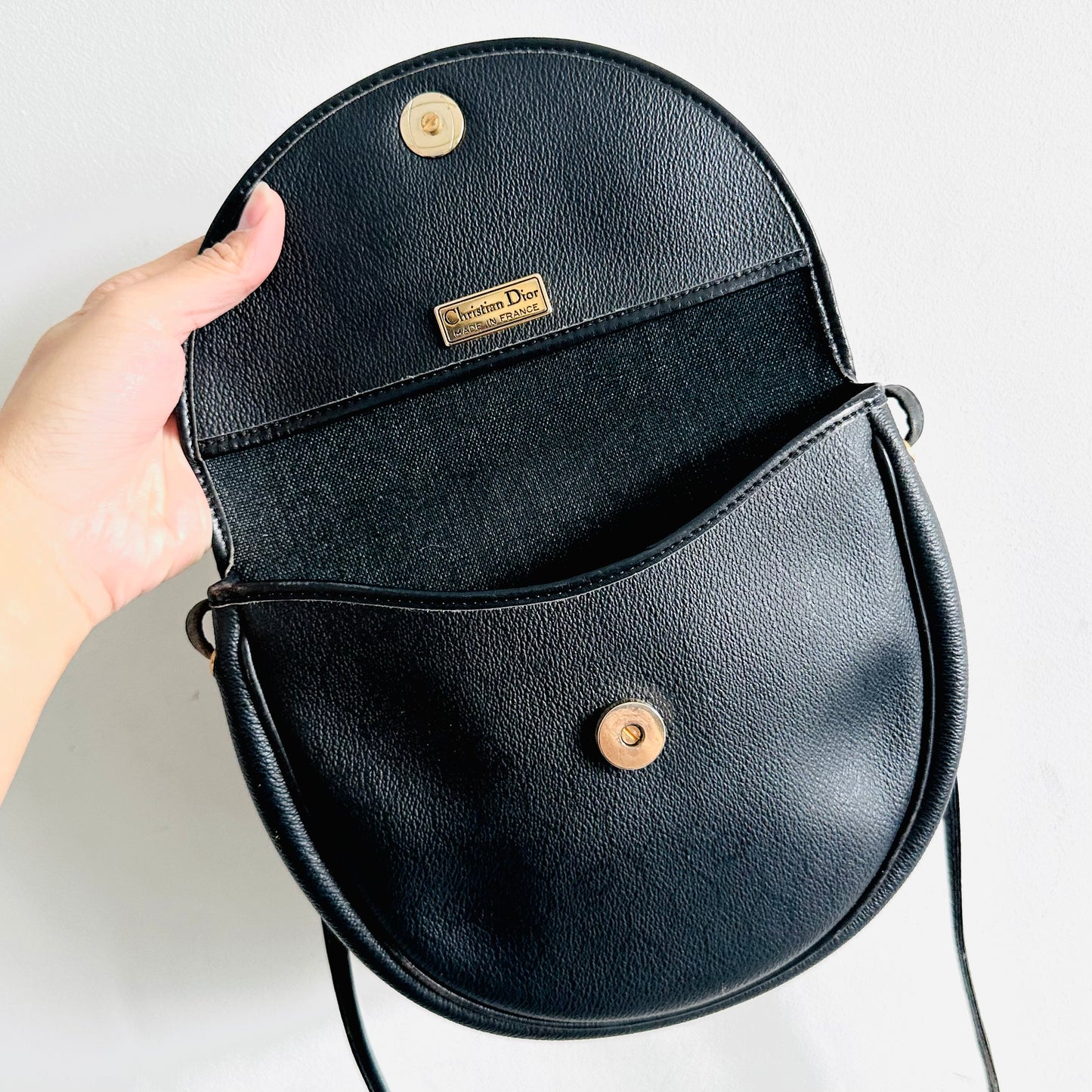Christian Dior CD Black Leather Monogram Logo Vintage Oval Flap Shoulder Sling Bag